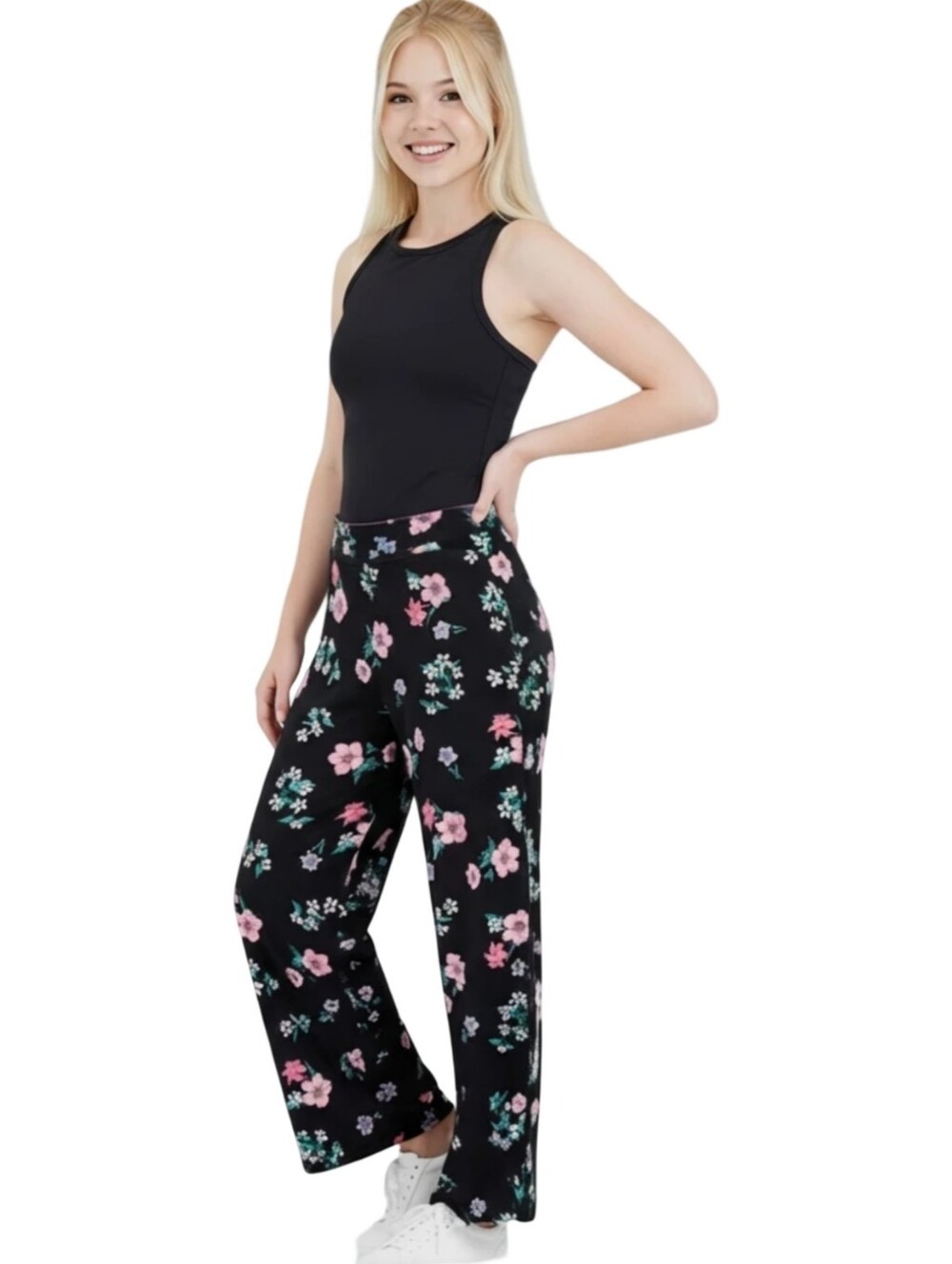 Lane Bryant Black Floral Wide Leg Pants Plus Size 14/16 Elastic Waist Flowy